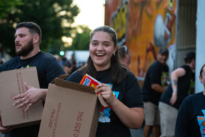 Handing out snacks at the parade